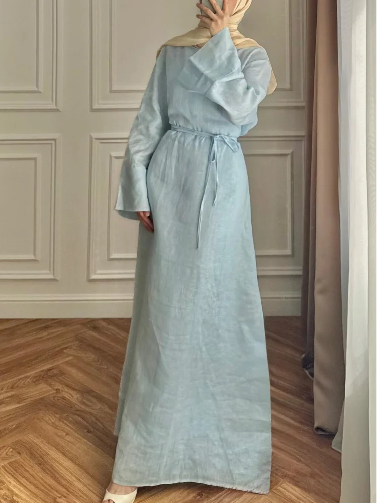 Women Dresses O-neck Cotton Lined Back Lace Up Flare Sleeve Waist Cinching Long Robe Female Elegant 2025 Summer Lady Dress