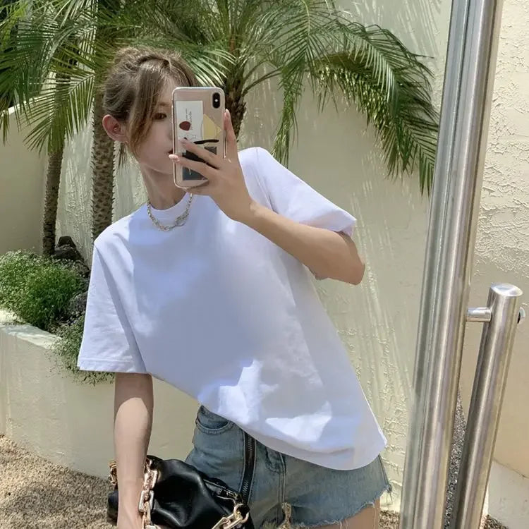 Pure Cotton Shoulder T-shirt for Women Short Sleeved Loose and Versatile Solid White Top New Korean Version Spring and Summer