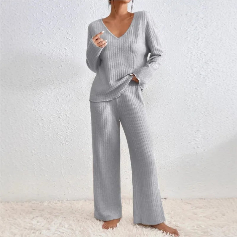 Comfortable Simple Home-style Women's Set For Autumn/Winter 2025 Solid Color Long-sleeved V-neck Knitted Rusted Loose Casual Set