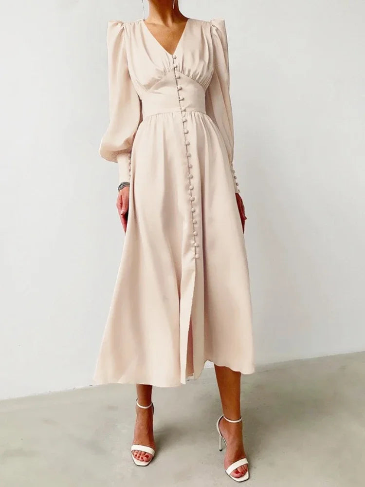 New in Summer Elegant Fashion Single Breasted Dress for Women Party High Waist Satin Long Dress Sexy Lantern Sleeve Chic Dresses