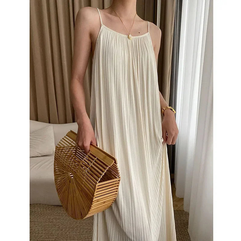 Lucyever Spaghetti Strap Dresses Women Summer Soft Wind Casual Loose Beach Long Dress Female Korean Simple Wild Mid-Calf Dress