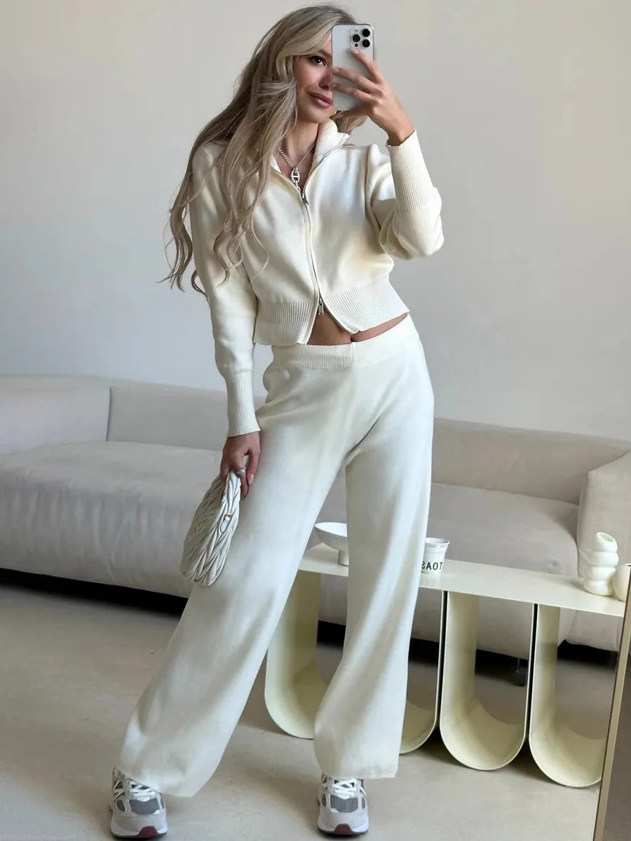 Blubelle Women's New Knit Zip Up Cardigan Wide Leg Pants Set Soft Fabric Cropped Elastic Waist Autumn Winter Fashion Sweater