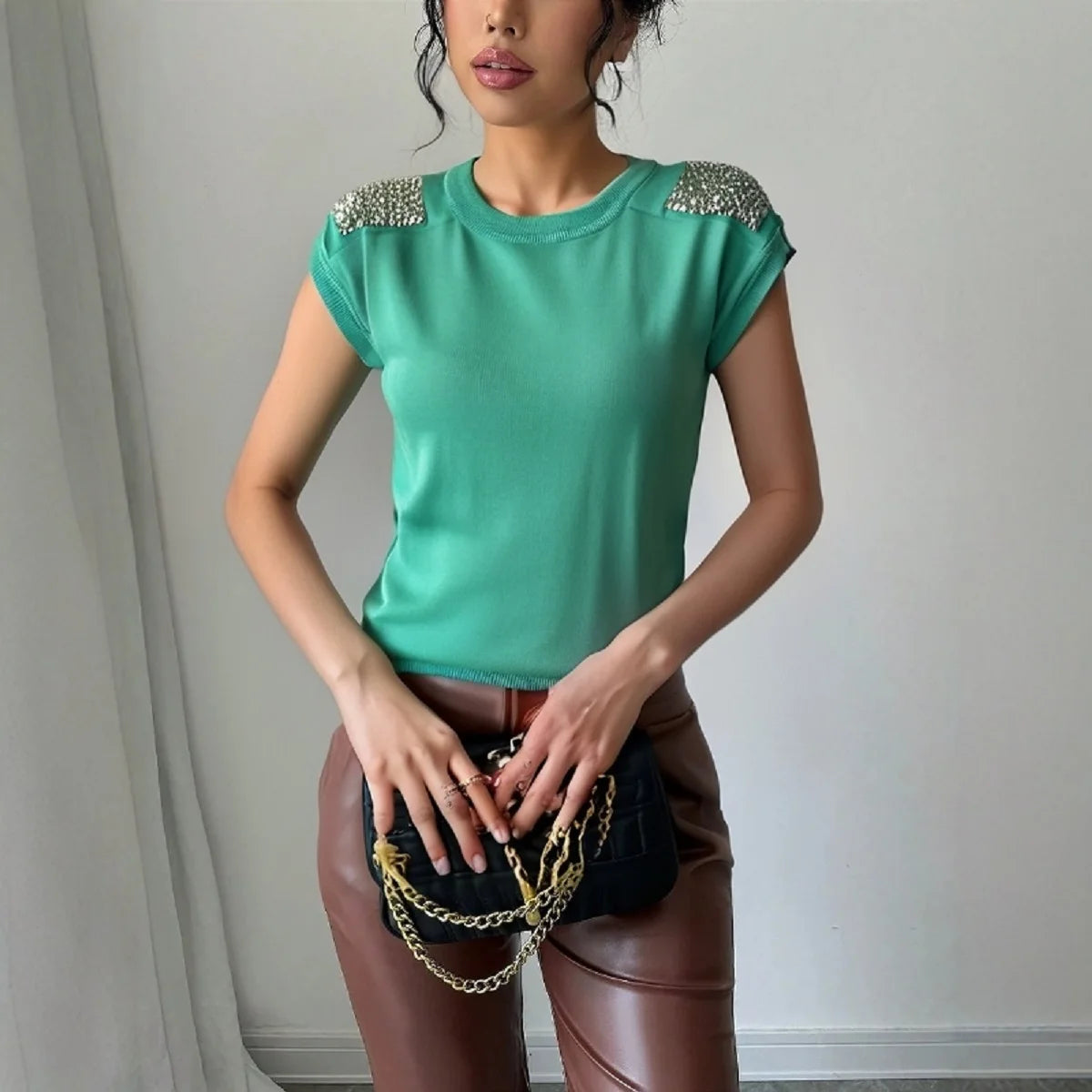 Sweet Elegant Women Knit Top O Neck Short Sleeve Pullover Summer Casual T-shirt Korean Office Lady Pearl Splice Lover Home Wear