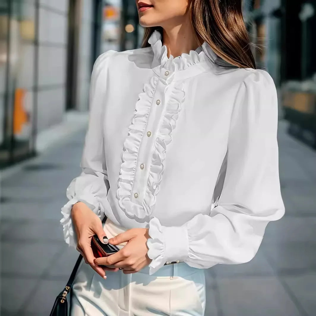 Fashion Ruffles Blouse Women 2025 Autumn Winter Casual Long Sleeve Whiter Loose Shirts Tops Elegant