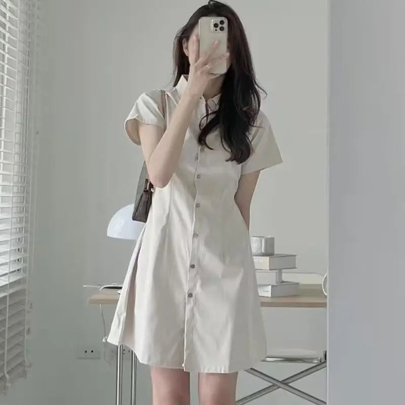 Solid Color Women's Short Sleeve Polo Collar Shirt Dress Elegant Comfortable Casual Wear Spring Summer Fashion