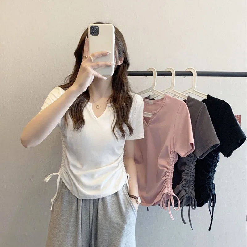 1pcs Summer Women T-shirt Girl Basic TShirt Lady Short Sleeve Sexy Slim Fit Drawstring Tee V-Neck Women's Casual Tee Student Top