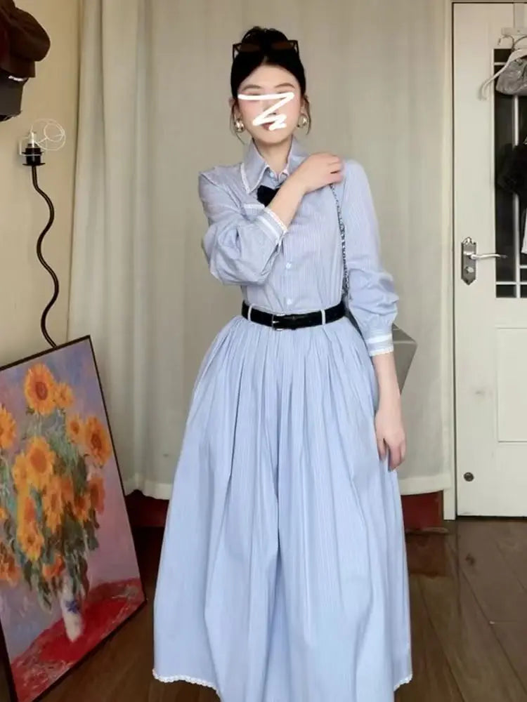 Elegant Sweet Preppy Women Long Shirts Vintage Dresses Blue Striped POLO Collar Button Up Pleated Dresses Korean Fashion Spring