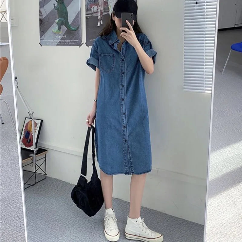 Simple Loose Women Denim Dress Korean Style Short Sleeve Overdsized Jean Shirt Dresses Single Breasted Straight Female Vestidos