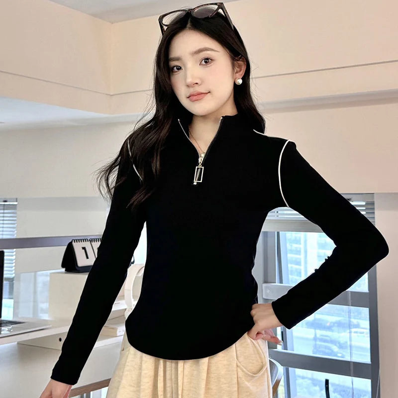 Korean Zippers Long Sleeve Tshirt for Women 2025 New Stand Collar Slim Fit Pullover Woman Patchwork All Match T Shirt Female