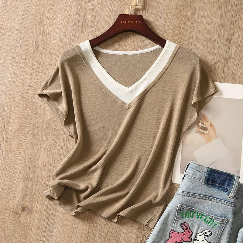Women Clothing Fashion Patchwork V-neck Knit T-shirt Summer Casual Loose All-match Short Sleeve Pullover Office Lady Thin Tops