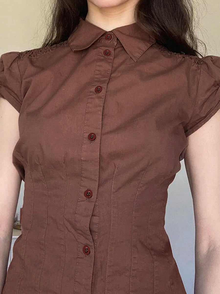 Women Brown Slim Shirt Short Sleeve Shirts Pleated Buttons Fashion Blouses Summer Casual Tops Basics Streetwear Sweatshirts