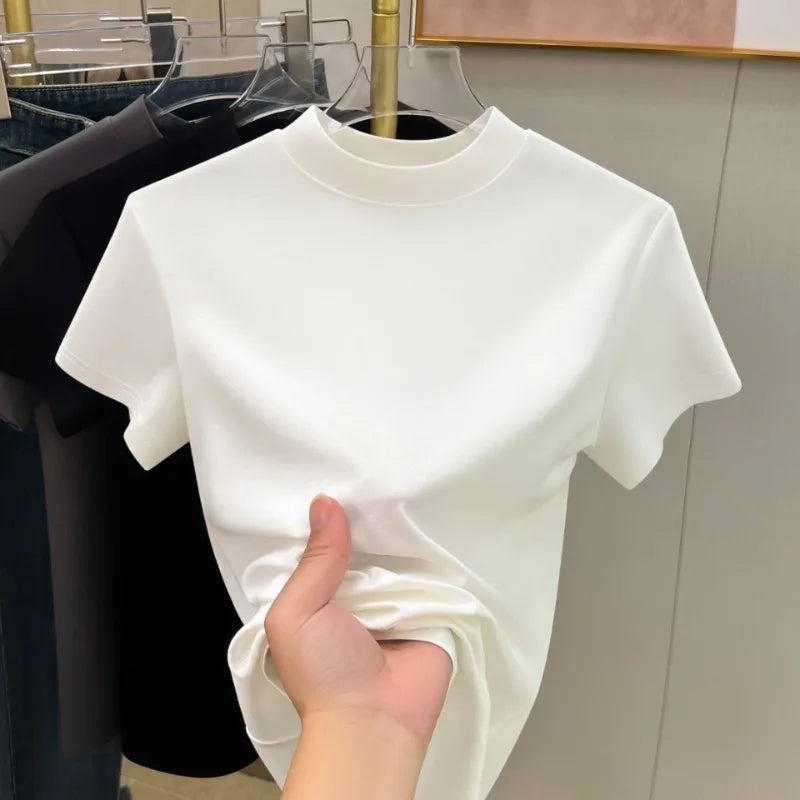 Fashion Half High Collar Short Sleeve Tops Summer Solid Color Slim Fit T-shirts for Women Tees Office Lady Clothes T274