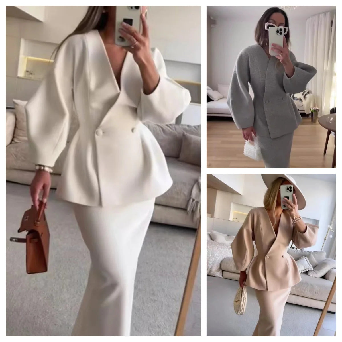 Elegant Blazer Coat Skirt Set Women Slim V-neck Long Lantern Sleeve Jacket Top Midi Skirts Suits 2 Pieces Office Chic Outfits