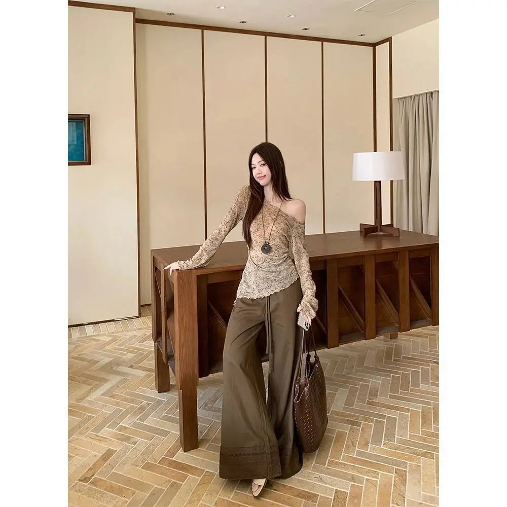 Korean Hot Girl Outfit Suit Smudge Irregular Long-sleeved Sweater Women's Lazy Drawstring Casual Pants Two-piece Set