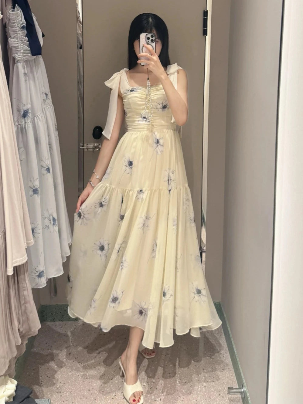 Bow Flower Mujer Japan Big Swing Print Slim Dress Elegant Celebrity Lace Up Sweet Robe Square Collar Princess Sleeves Vestidos