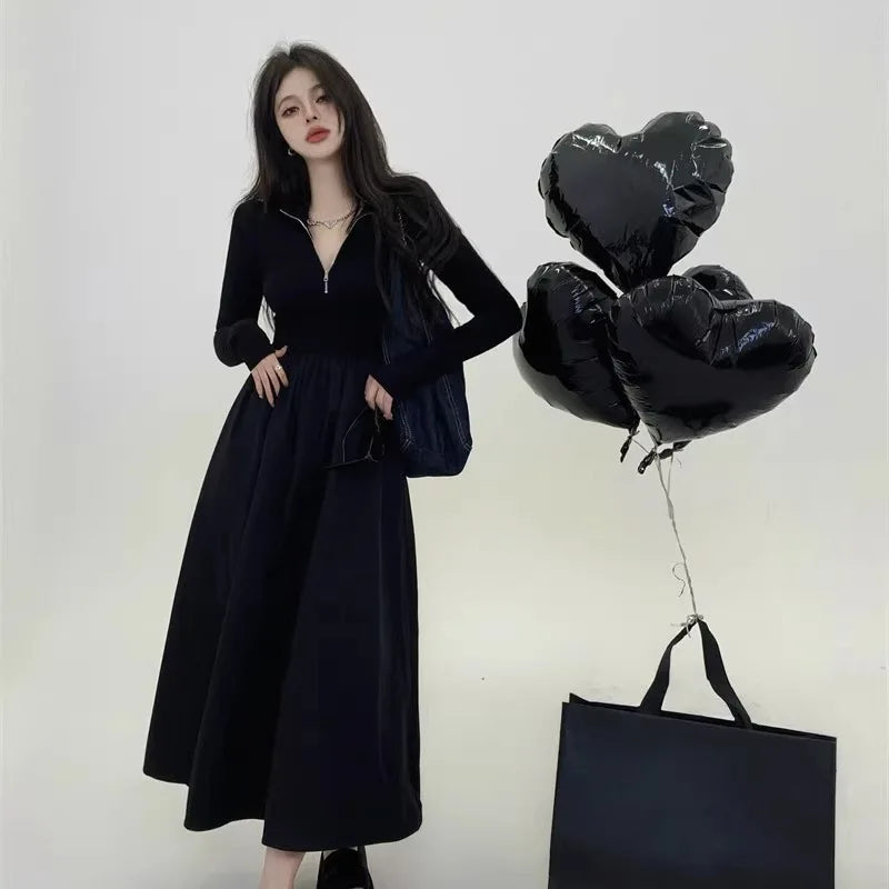 Autumn French Retro Slim Polo Collar Long Skirt with High-end Meat Covering Dress