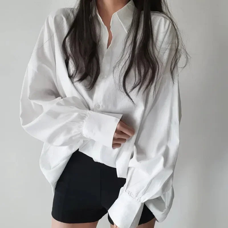 White Lantern Sleeves Shirts Women Cardigan Long Sleeve Button Up Shirt Causal Office Ladies Tops Streewear Autumn Clothes 2024