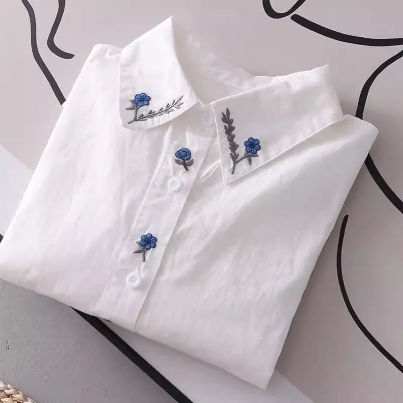 Spring and autumn New Pure Cotton White Shirts Women Turn Down Collar Embroidered Long Sleeve Casual Tops Little blue flower