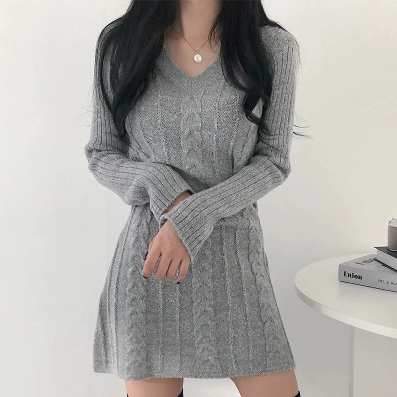 Korean Chic  V-neck Knitted Dresses Women Sweet Twist Long Sleeve Pullover Dress Female Fall Winter Streetwear Dresses 2025