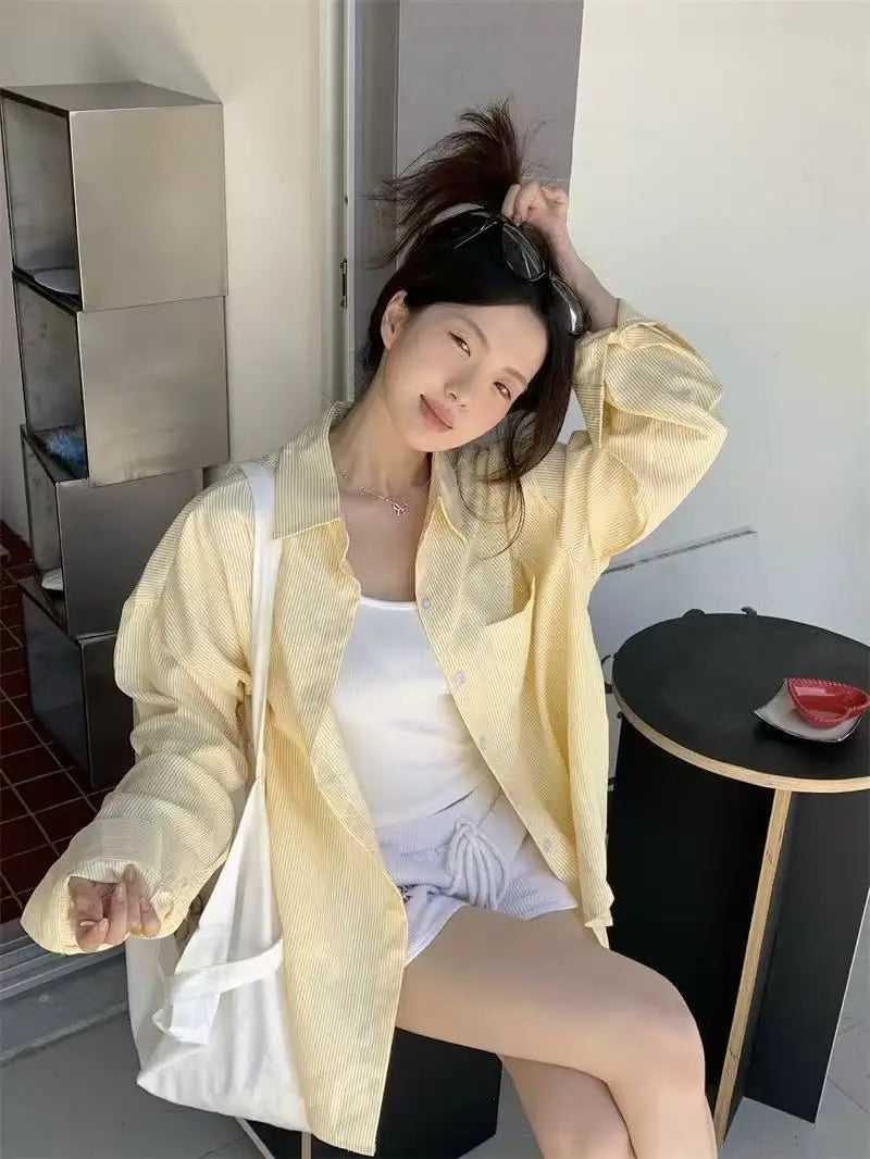 Korean Fashion Yellow Striped Shirt Women Lazy Style Loose Preppy Blouse Vintage Long Sleeve Casual Female Sweet Tops New Summer