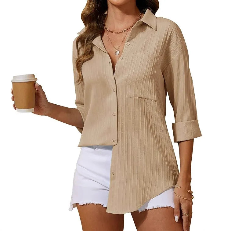 Women's Solid Color Turn-down Collar Long Sleeve Casual Trendy Loose Single-breasted Elegant Shirts Fashionfemale Clothes Tops