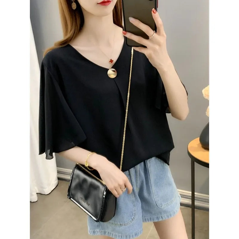 women clothing Summer Korean Fashion Button Solid color O-neck Ladies Simplicity All-match Appear thin Large size short sleeve