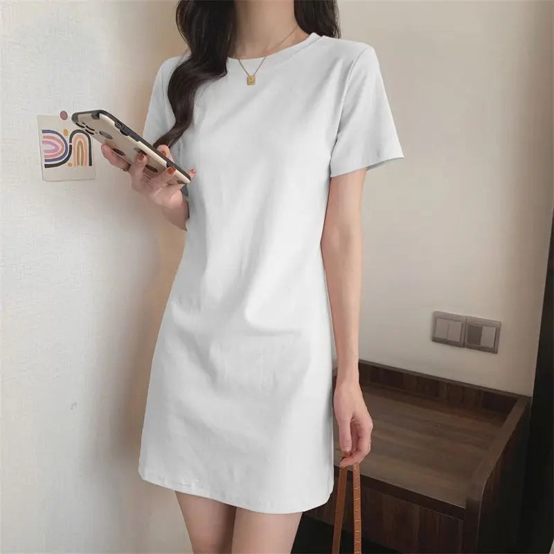 Temperament Pure Cotton Short-sleeved Dress for Women Summer New Small Person Age-reducing Versatile Base T-shirt Straight Skirt
