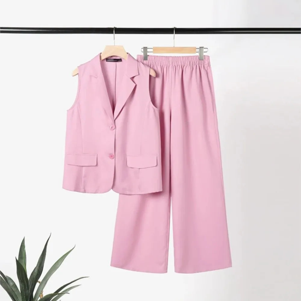 Women's Summer Sleeveless Suit Trousers 2 Piece Set Fashio Loose Wide-leg Trousers Female Office Pink Suit Casual Set 2025