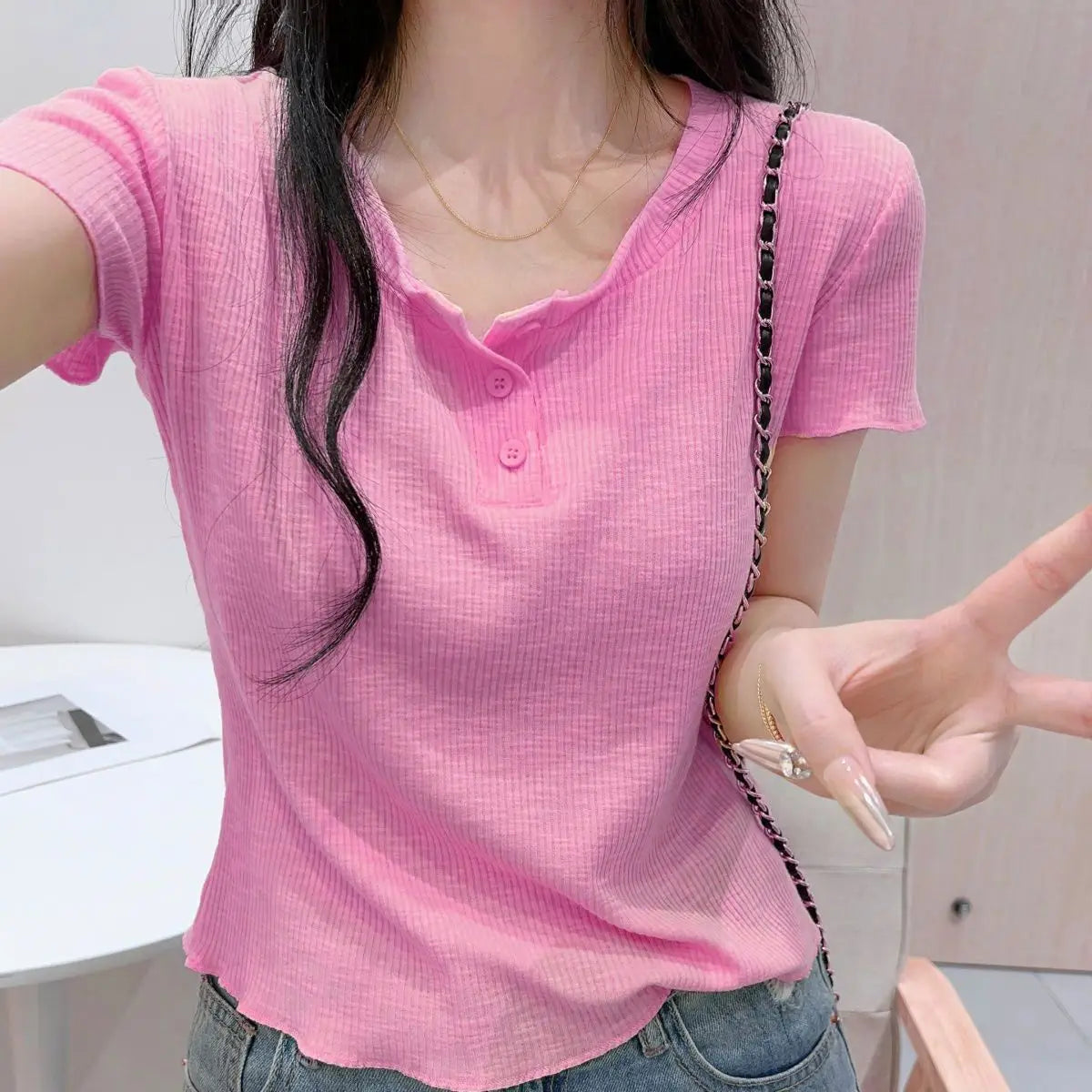 Fashionable and Chic Half-open Collar Short-sleeved T-shirt for Women in Summer New Korean Style Versatile Top