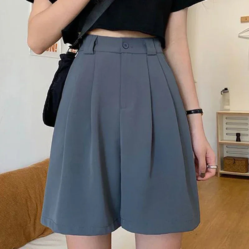 2025 New Summer Women Baggy Medium Length Short Pants Lady Korean Concise Solid Suit Pants Girls Casual Thin High Waisted Shorts