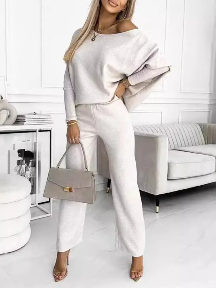 Fashionable Long-sleeved O-neck Top + Pants 2-piece Set For Women Elegant Autumn Solid Color Casual  Loose Holiday Suit Female