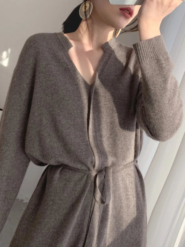 New in Autumn Elegant Temperament Knitted Dress New Korean Version Simple Lace-up Medium and Long Knee Sweater Women Dresses