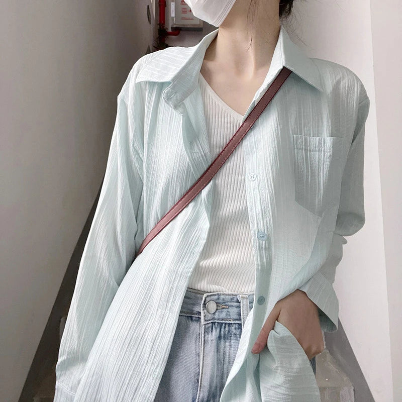 Summer Women Shirts New Loose Pocket Patchwork Solid Tops Long Sleeve Polo Neck Simple Blouse Casual Fashion Sunscreen Clothing