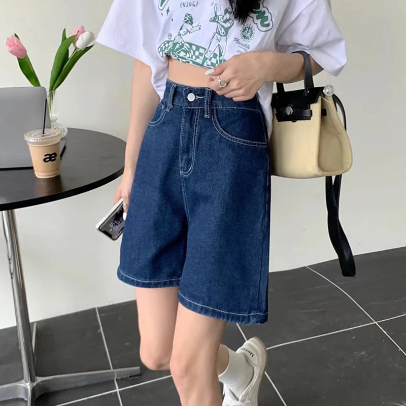 Summer Women Korean Style Baggy High Waist Short Jeans  Casual Y2k 2000s Denim Pants Lady Blue Vintage Slacks Wide Leg Shorts