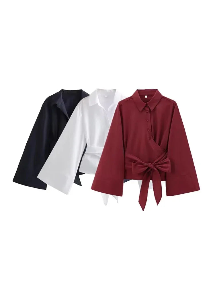 Women's Long Sleeve Kimono Blouses With Bow Tie, Front Button, Female Shirts, Chic Tops, Fashion