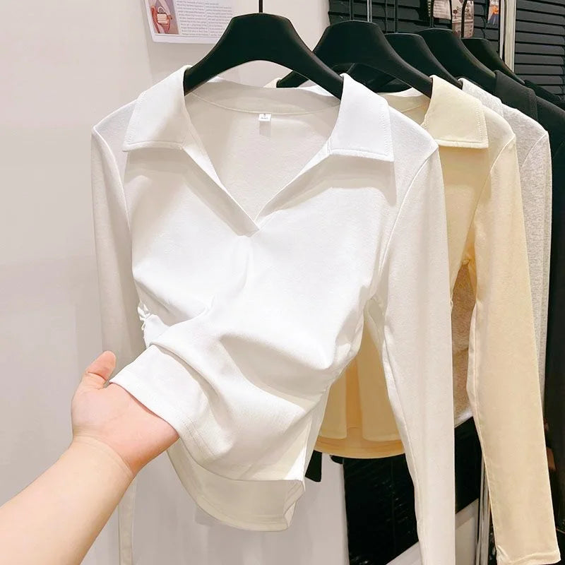 Autumn Cotton Sexy Women's T Shirt Long Sleeve Skinny Slim Basic Solid Black White Crop Top Polo TShirt Casual Top Tee for Women