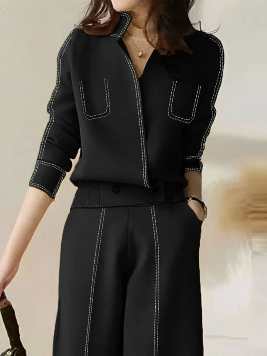 Freeacy Women's 2025 Autumn New Casual Clothes Stand Collar Long Sleeves Top & High Waist Wide Leg Pants High Street Outfits