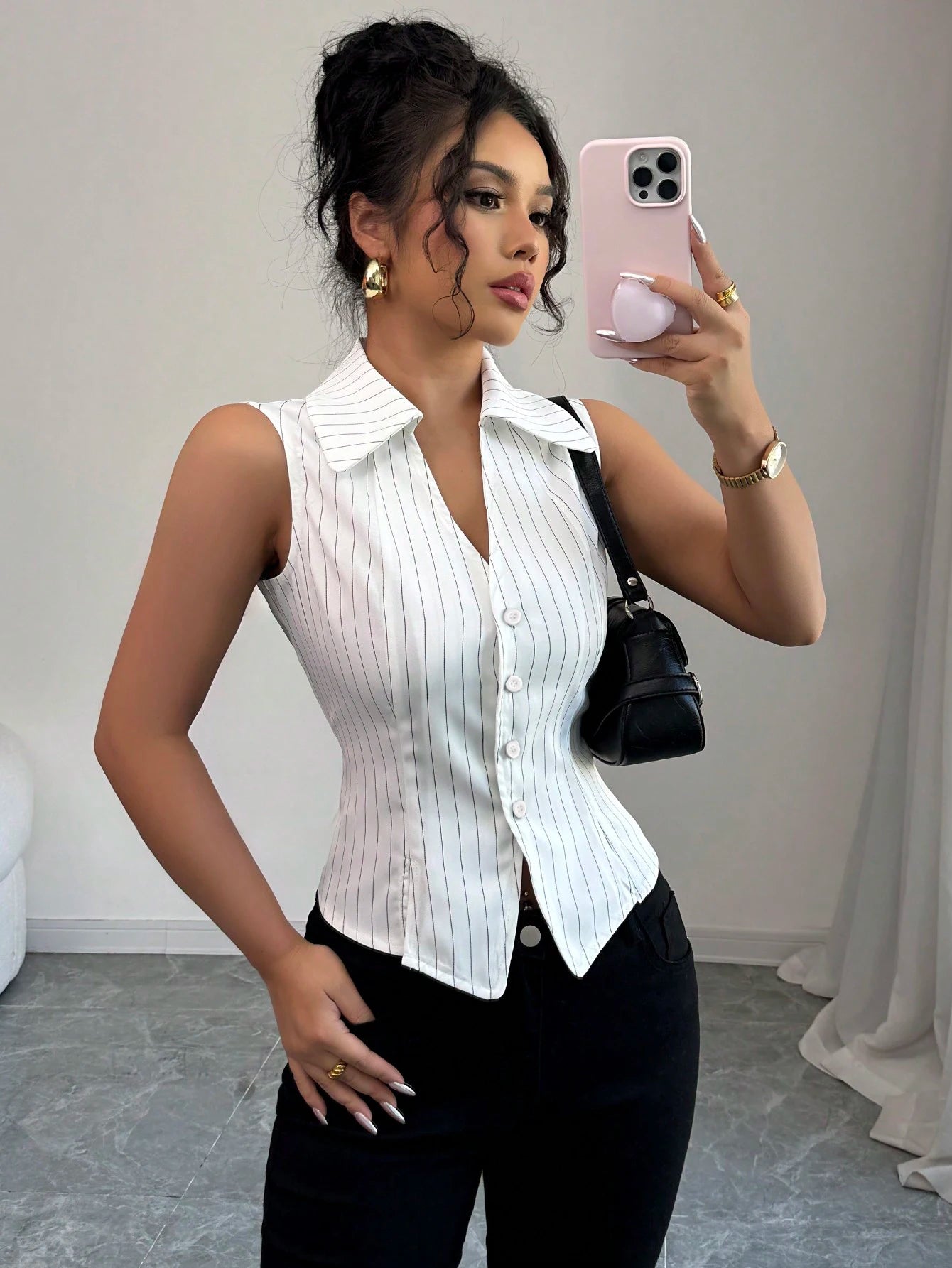 Summer new European and American style striped sleeveless shirt slim fit shirt cardigan top