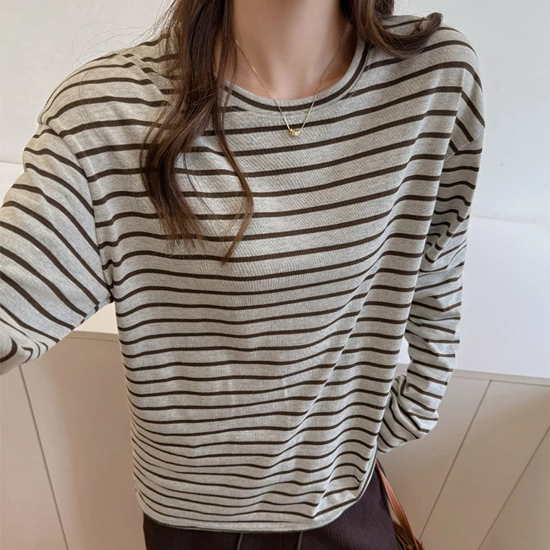 Lazy Style Long Sleeve Striped T-Shirts Women Autumn Harajuku Baggy All Match O-Neck Base Tees Japanese Streetwear Pullover Tops