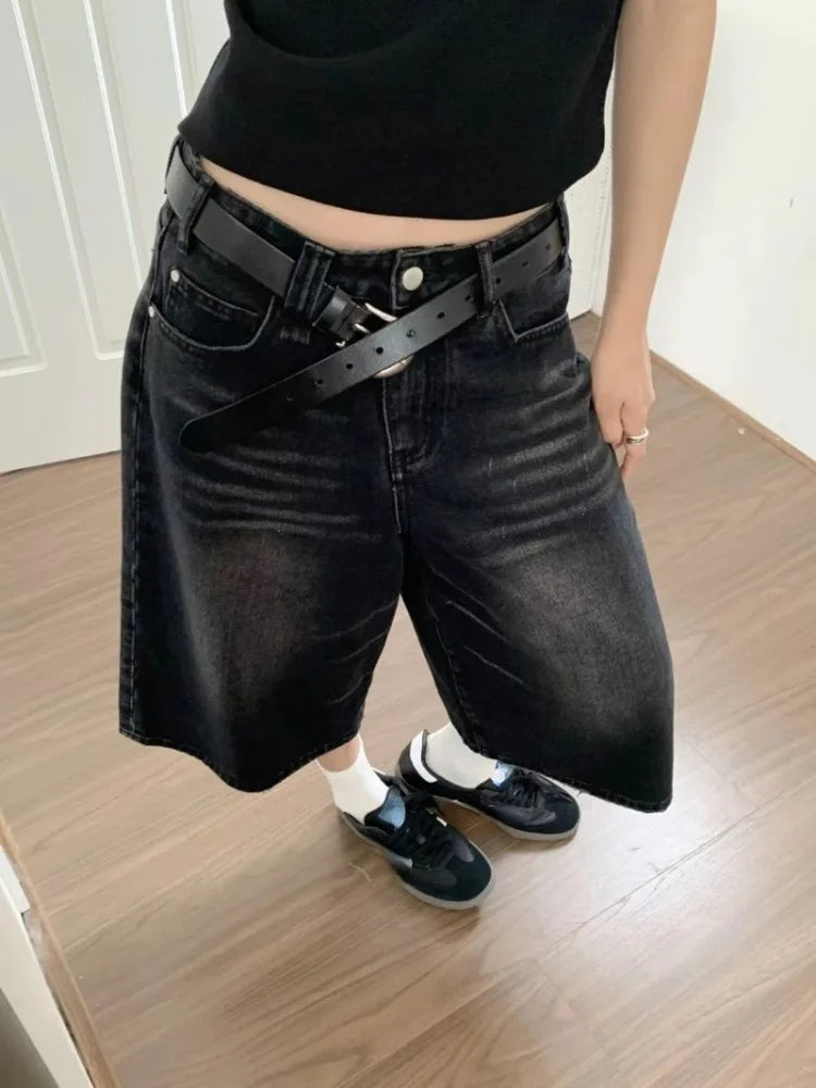 2025 Y2k Retro Women Low Rise Jorts Brushed Black Wash Cropped Baggy Jeans Wide Leg Frayed Denim Short Pants Fashion