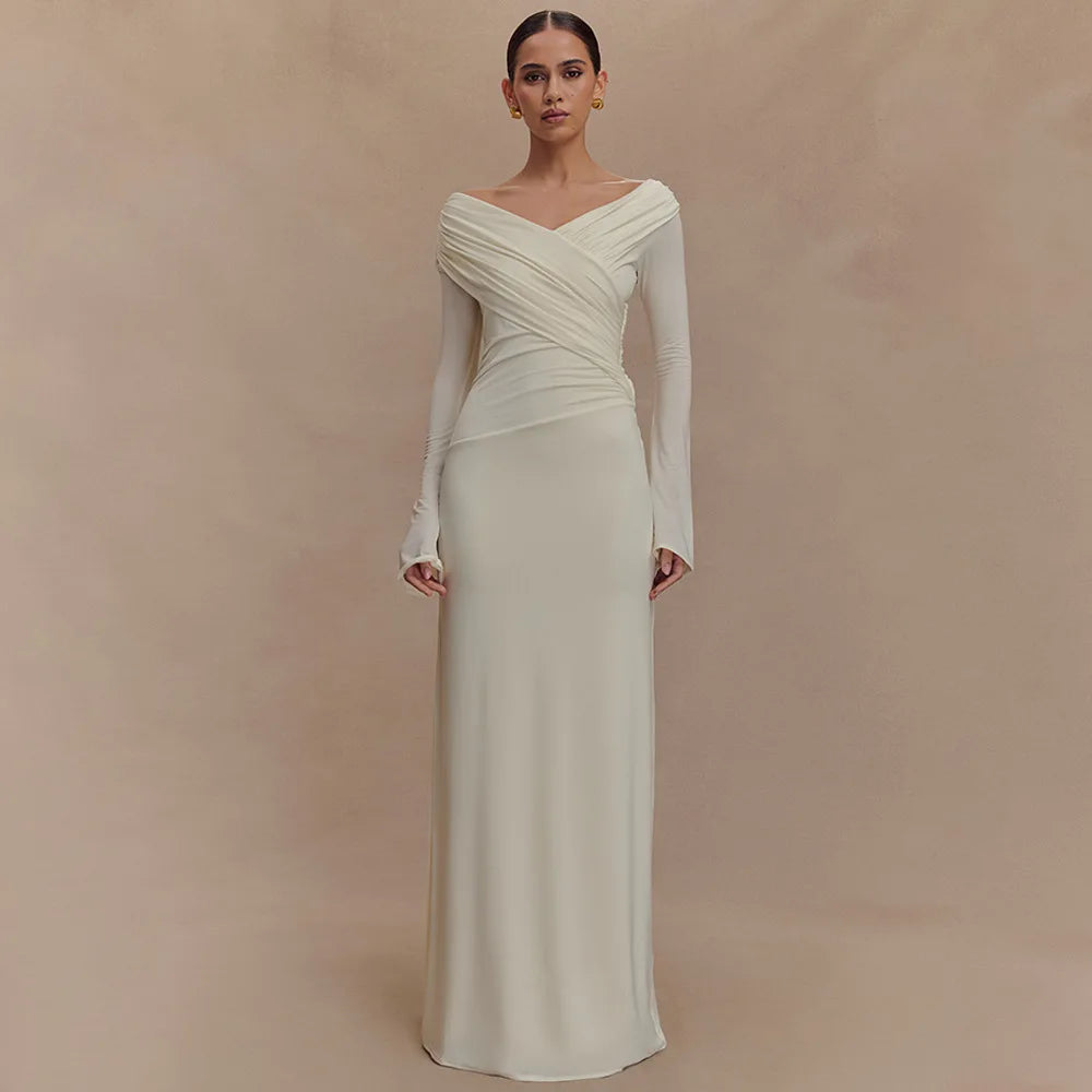 2025 Autumn V Neck Long Sleeve Sexy Maxi Dress For Women Gown Fashion Solid High Waist Ruched Bodycon Club Long Dresses