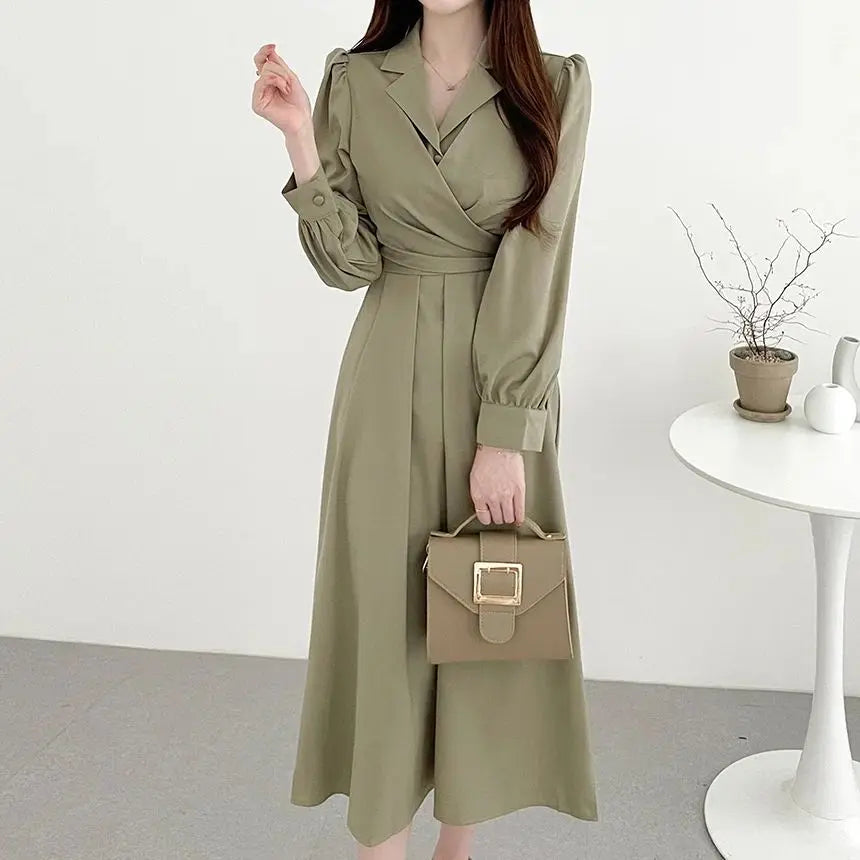 Spring and Autumn French Korean Chic Elegant Lapel Cross-lace Waisted Puff Sleeve Shirt Dress Long Dresses Women