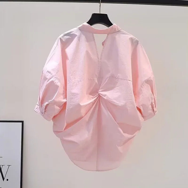 Summer Fashion Shimmery Knotted Hollow Out Backless Blouses Women's Solid Polo Neck Button Loose Folds Casual Short Sleeve Shirt