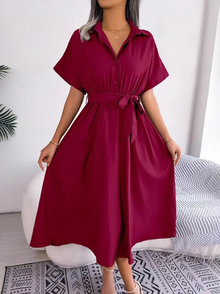 Onecozyday Women's Solid Color Lapel Collar Short Sleeves Shirt Dress Lace-up High Waist Pleated Loose Fit Casual Midi Dresses
