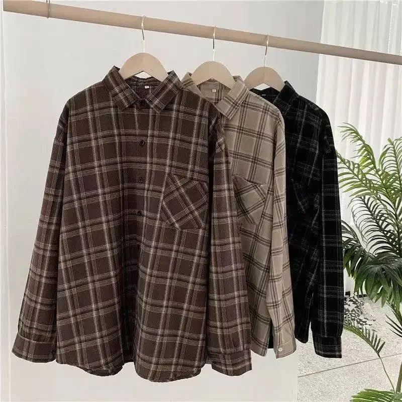Vintage Women Plaid Shirts Loose Oversize Long Sleeve Button Up Fall Shirt Casual Pocket Female Korean Black Outwear Tops Mujer