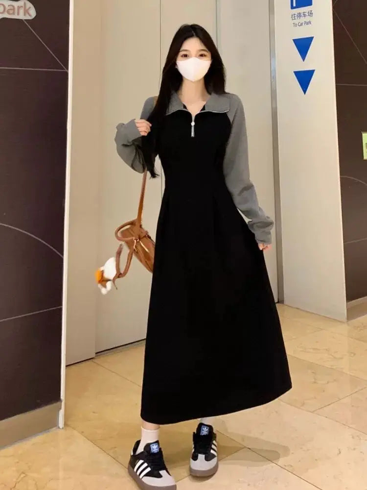 Casual Polo Neck Long Sleeve Dress for Women in Spring and Autumn Waist-grabbing and Slimming Over-knee Sweatshirt Long Skirt