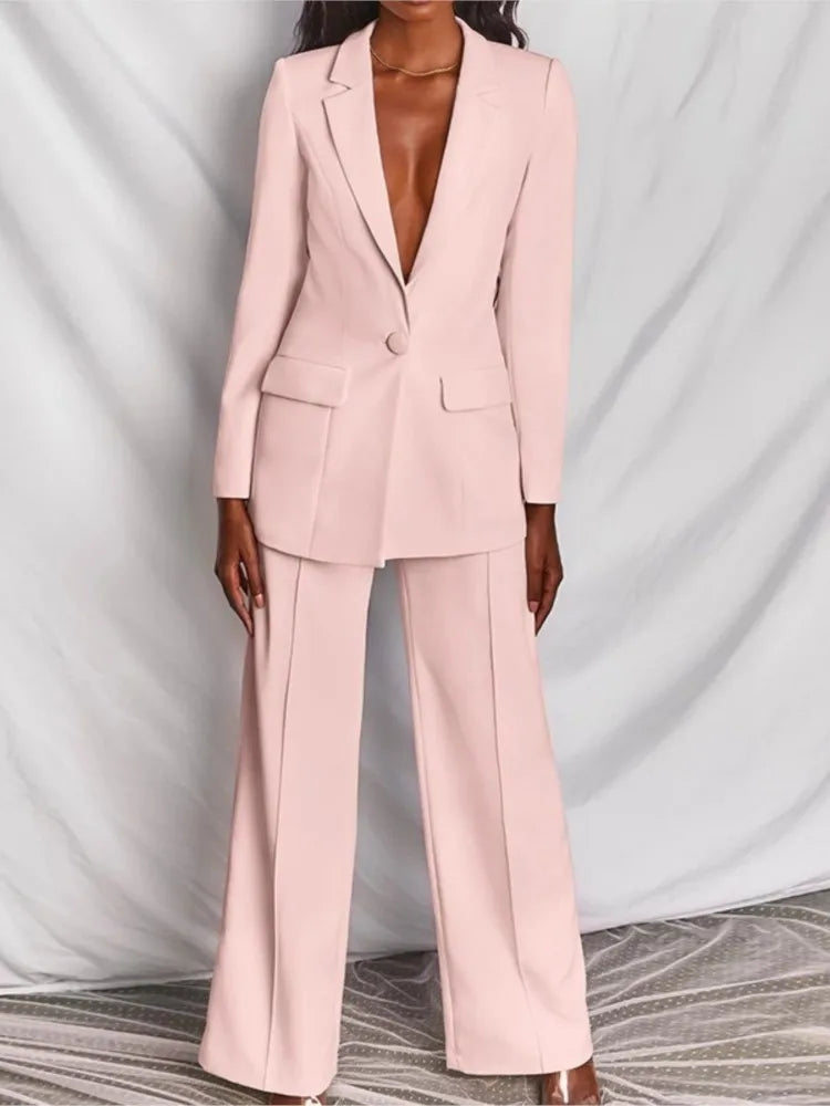 Fashion Lapel Long-sleeved Suit Coat + Wide-leg Pants 2-piece Set For Women Spring Autumn Elegant Solid Color Office Suit Female