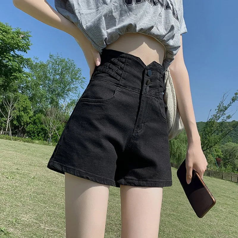 Korean Minimalist Trendy Summer Shorts Women's Solid Pockets Button Zipper High Waisted A-line Fashion Denim Wide Leg Trousers