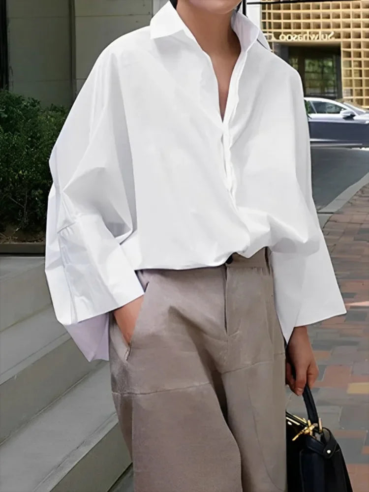 Freeacy White Black Solid Color Shirt for Women Cotton Blended Lapel Long Sleeves Loose Fit Blouse 2024 Fall Buttoned T-shirt