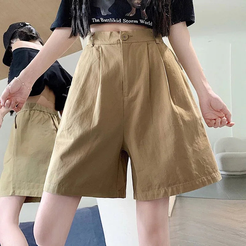 2025 Summer Women Casual Daily Khaki Short Pants Female High Waisted Cargo Shorts Girls Retro Baggy Wide Leg Slacks